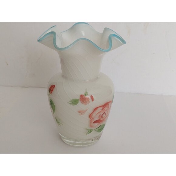 Fenton Designed Teleflora White Opalescent Vase Blue Crest Ruffled Hand Painted - Picture 8 of 11